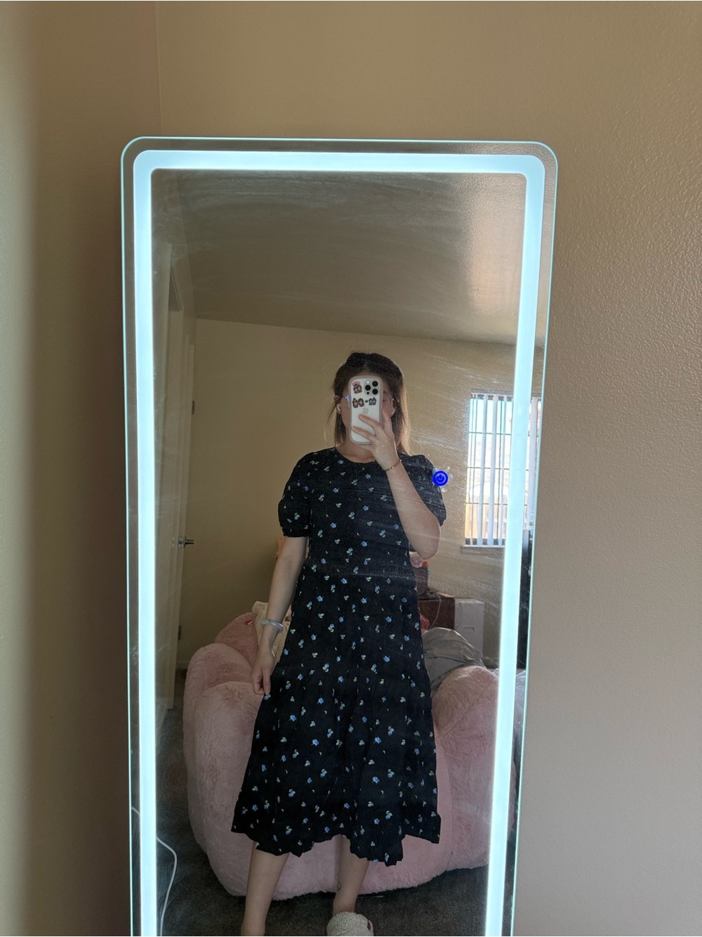 Black Floral Midi Dress with Puff Sleeves